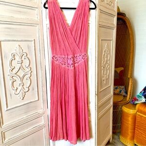Grecian Gauze Goddess Dress Vintage Eyelet Pink Embroidered One Size Greece Flow